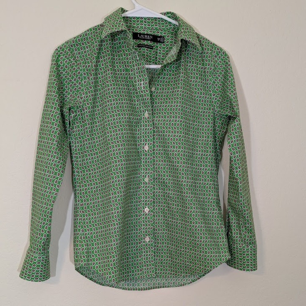 Lauren Ralph Lauren Preppy Paisley‎ Shirt Green Pink Trim Office Blouse PXS